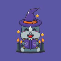 witch rhino reading spell book. Cute halloween cartoon illustration. vector