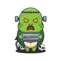 zombie turtle holding halloween greeting stone. Cute halloween cartoon illustration. vector