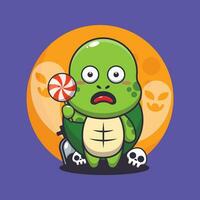 cute turtle scared by ghost in halloween day. Cute halloween cartoon illustration. vector