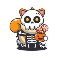 squirrel with skeleton costume holding halloween pumpkin. Cute halloween cartoon illustration. vector