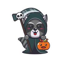 grim reaper raccoon holding scythe and halloween pumpkin. Cute halloween cartoon illustration. vector