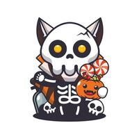 red panda with skeleton costume holding halloween pumpkin. Cute halloween cartoon illustration. vector