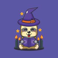 witch sloth reading spell book. Cute halloween cartoon illustration. vector