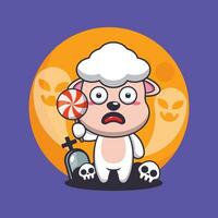 cute sheep scared by ghost in halloween day. Cute halloween cartoon illustration. vector