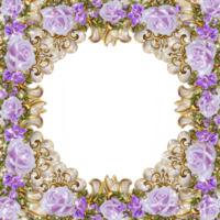 Shabby chic frame with gold and purple roses png