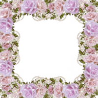 Shabby chic frame with purple roses and pearls png