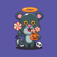 cute angel panther holding candy in halloween day. Cute halloween cartoon illustration. vector