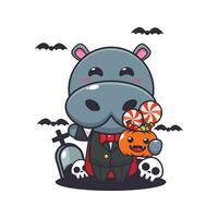 vampire hippo holding halloween pumpkin. Cute halloween cartoon illustration. vector