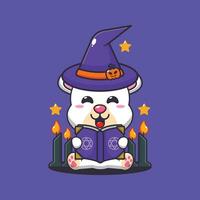 witch polar bear reading spell book. Cute halloween cartoon illustration. vector