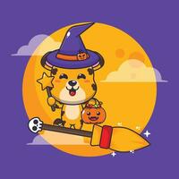 witch leopard fly with broom in halloween night. Cute halloween cartoon illustration. vector