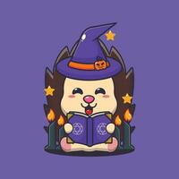 witch hedgehog reading spell book. Cute halloween cartoon illustration. vector
