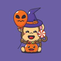 witch monkey holding halloween balloon and candy. Cute halloween cartoon illustration. vector