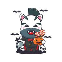 vampire zebra holding halloween pumpkin. Cute halloween cartoon illustration. vector