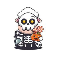 sheep with skeleton costume holding halloween pumpkin. Cute halloween cartoon illustration. vector