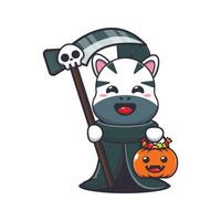 grim reaper zebra holding scythe and halloween pumpkin. Cute halloween cartoon illustration. vector