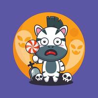 cute zebra scared by ghost in halloween day. Cute halloween cartoon illustration. vector