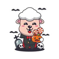 vampire sheep holding halloween pumpkin. Cute halloween cartoon illustration. vector