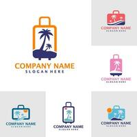 Set of Summer Travel logo design vector. Coconut tree with suitcase logo design template concept vector