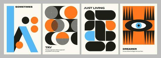 A set of minimalistic posters for the interior in the Bauhaus style. Retro art with motivational quotes. Geometric bright shapes vector