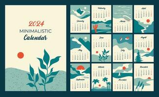 Minimalistic calendar of 2024. Beautiful flat landscapes. Posters in the Scandinavian style. Vertical layouts for printing vector