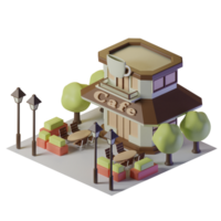 Cafe isometric building with two tables in front and trees and street lights png