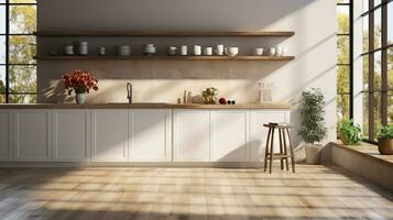 hermosa Mañana en un moderno cocina habitación con gabinete mostrador y luz de sol, follaje hojas sombra, blanco vacío espacio en de madera piso. generativo ai foto