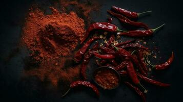 A Stunning Flat Lay Featuring Raw and Powdered Chili. Generative AI photo