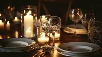 A candlelit dining table set up with wine glasses and tableware for an evening dinner party . Generative AI photo