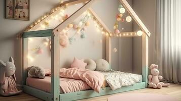 Bedtime Fantasy. Watercolor-Styled Kids' House Bed with Fairy Lights and Dreamy Decor. Generative AI photo