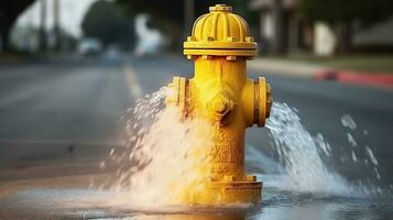 Yellow fire hydrant gushing water across a street with wet highway. Generative AI photo