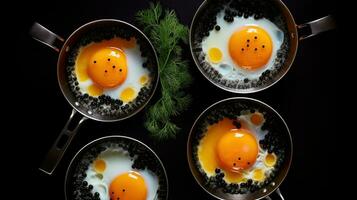 cuatro recién cocido huevos con un caviar adornado. generativo ai foto