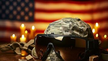 Army kevlar combat helmet, camo cover, tactical goggles, candle USA flag background. Veterans day. Generative AI photo