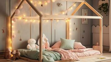 niños' casa piso cama marco con peluches y acuarela magia. generativo ai foto