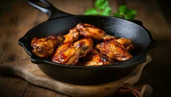 Chicken Wings Cooked to Perfection in a Cast Iron Skillet. Generative AI photo