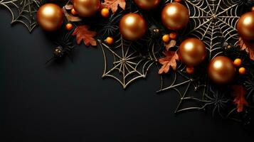 Autumn holiday concept composition. Happy halloween with decoration and spider web on black background. Generative AI photo