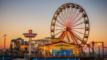 The Pier's Ferris Wheel Paints the Sky at Dusk. Generative AI photo