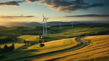 armonía de naturaleza y tecnología. cautivador puesta de sol puntos de vista con viento turbinas generativo ai foto