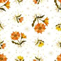 Seamless pattern with colorful flowers with leaves on stems and cute sunburst texture on white background vector