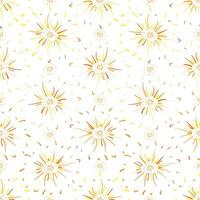 Seamless pattern with colorful doodle decorative elements, abstract circles and stripes, floral pattern and sun rays on white background vector