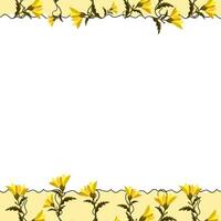 Simple border frame with yellow flowers with leaves on stems with a frame of wavy lines with copy space on a white background vector