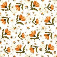 Seamless pattern with colorful flowers with leaves on stems and cute sunburst texture on white background vector