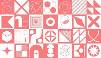 Brutalist style geometric shapes pattern Pink color Background. Minimalist modern abstract primitive figures and lines design banner vector