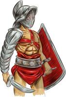 romano gladiador soldado con espada y proteger vector