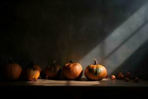 Halloween pumpkins on floor with wall copy space and shadows photo