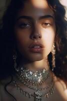 portrait of a brunette with curly hairs, close-up in chic jewelry , natural studio photo, warm filter, art photo