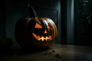 Pumpkin with light face on table in dark interior photo