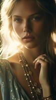 portrait of a European blonde close-up in chic jewelry , natural studio photo, warm filter, ai generative art photo