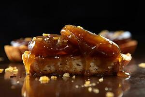 Saudi Arab Dates toast, macro shot of a fresh breakfast with Dripping Honey, AI Generated photo