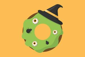 Halloween food and dessert concept. Donut with green sauce with human eyes, hat witch and black spider topping on an orange background. vector