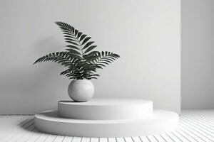 white round podium with a plant in it and a white vase with a green plant photo